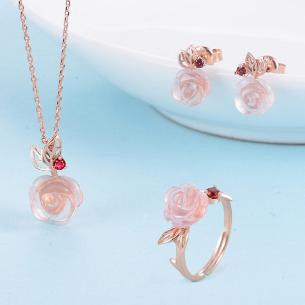 Flower Rose Quartz Gemstones 18K Rose Gold Plated Fine Jewelry silver set - Image 6